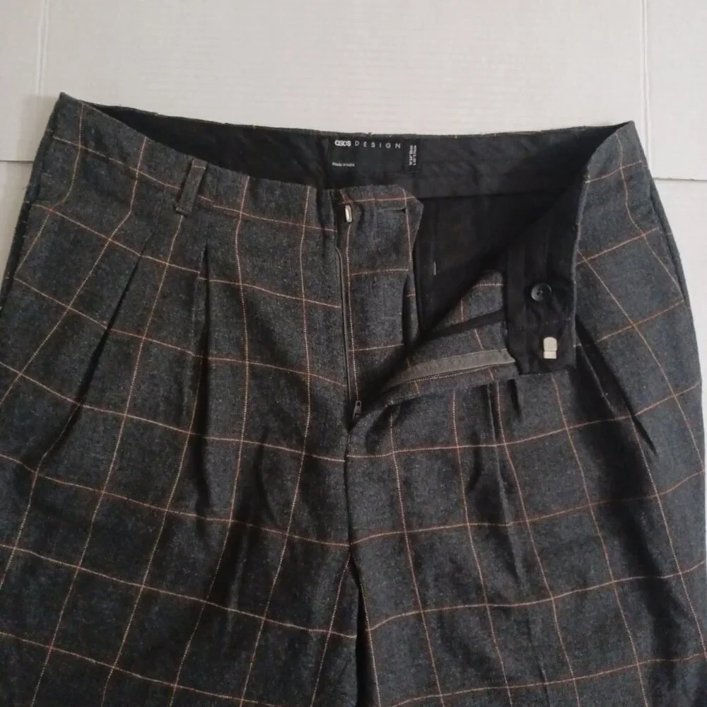 ASOS DESIGN WOOL BLEND PLEATED TAPERED LEG WINDOWPANE PLAID PANTS SIZE 34×30